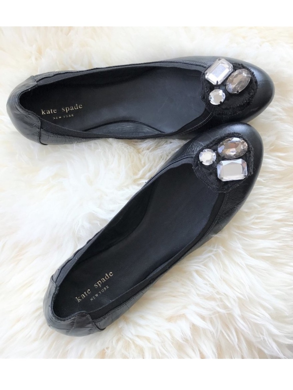 Kate Spade NY Melia Jeweled Croc Embossed Black Leather Ballet Flats Shoes 9.5 M